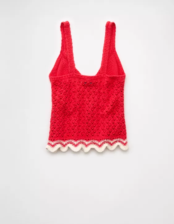 Aeo AE V-Neck Pointelle Scalloped Crochet Tank Top