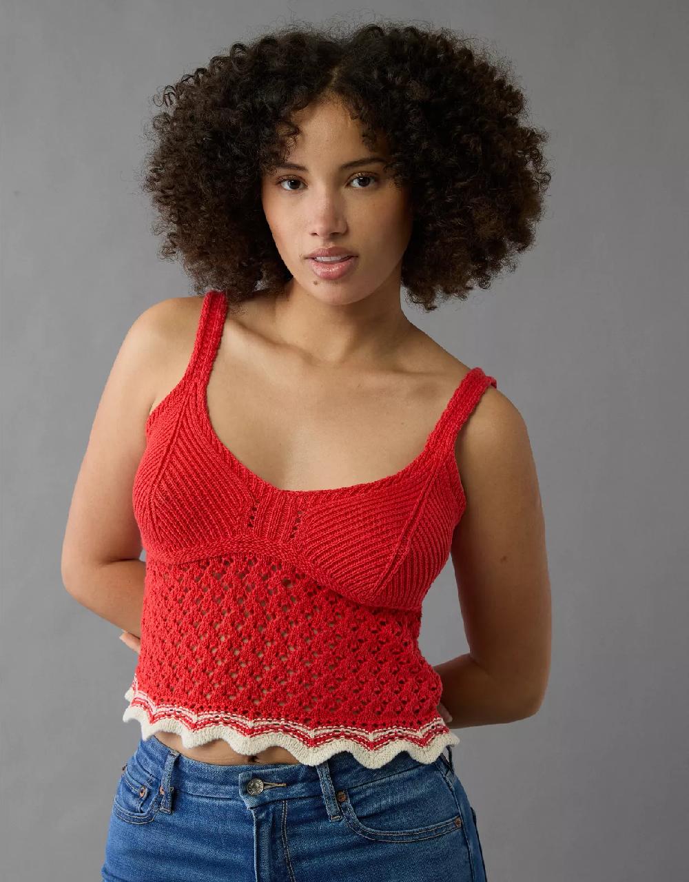 aeo AE V-Neck Pointelle Scalloped Crochet Tank Top