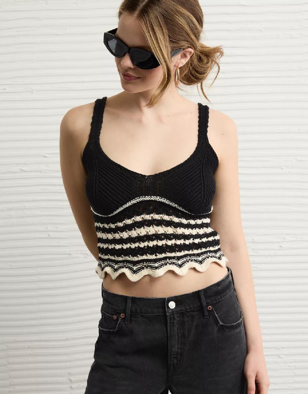 aeo AE V-Neck Pointelle Striped Tank Top