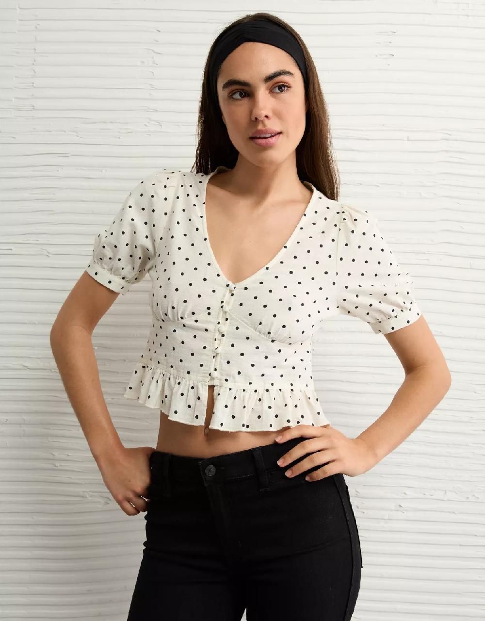 aeo AE V-Neck Puff Sleeve Corset Shirt