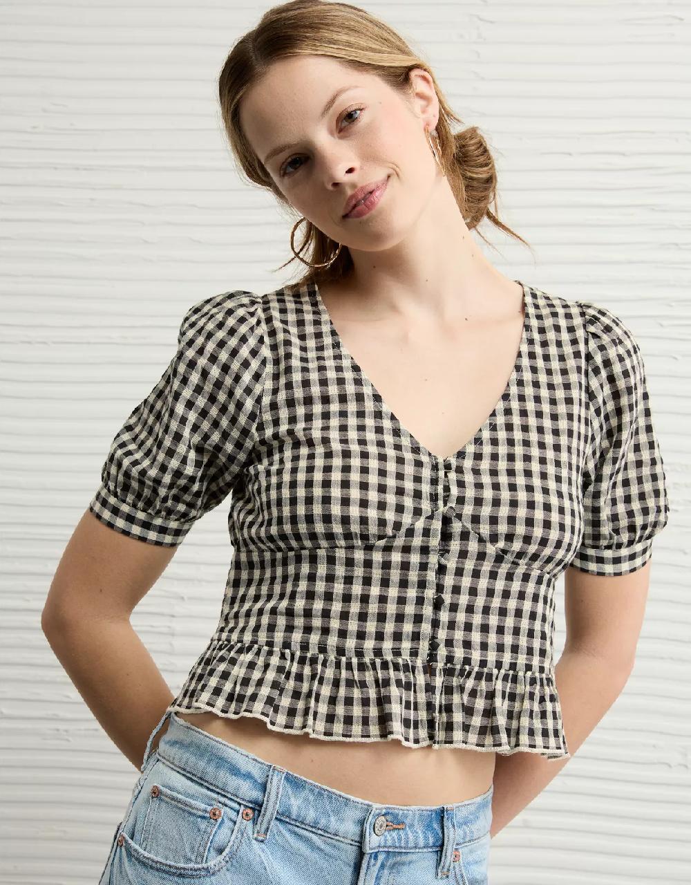 aeo AE V-Neck Puff Sleeve Corset Shirt