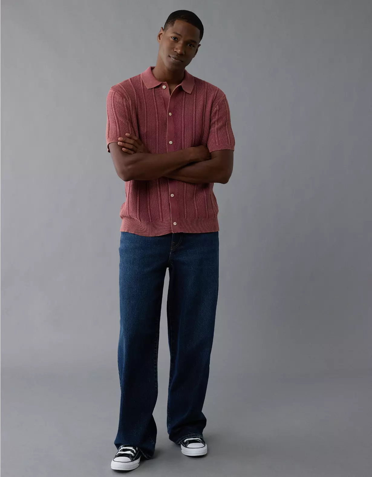 aeo AE Weekend Washed Button-Up Sweater Polo Shirt