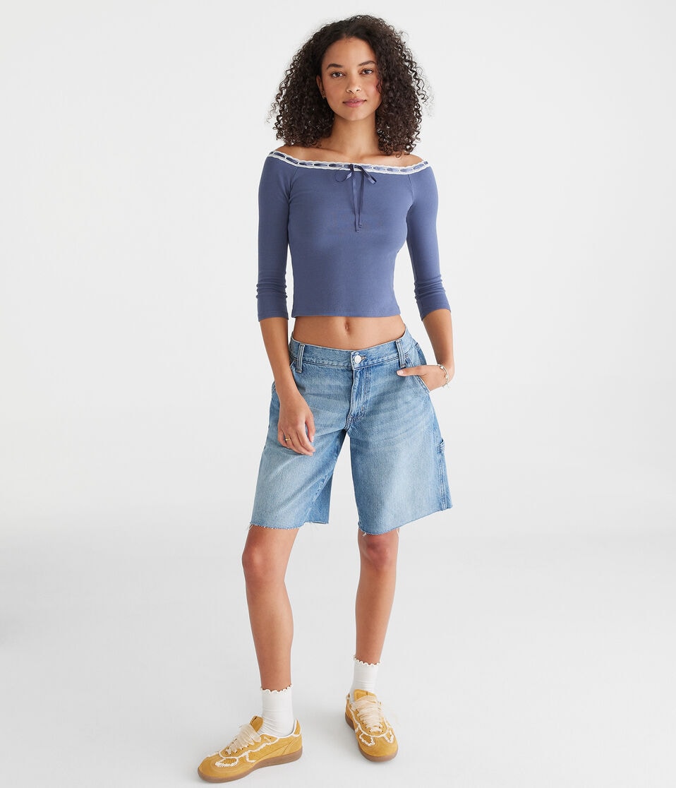Aéropostale 3/4 Sleeve Ribbon Off-The-Shoulder Tee Nightshadow Blue