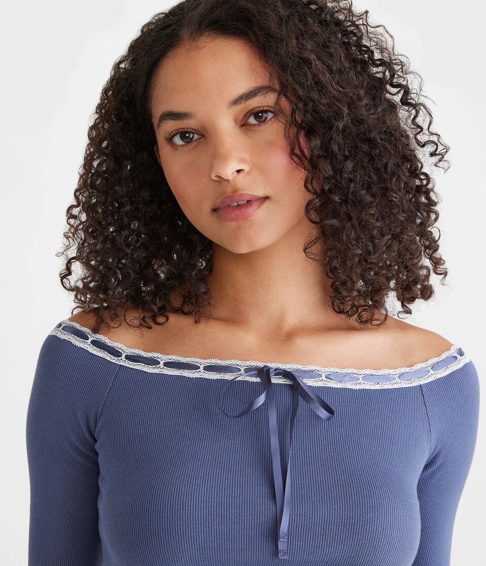 Aéropostale 3/4 Sleeve Ribbon Off-The-Shoulder Tee Nightshadow Blue