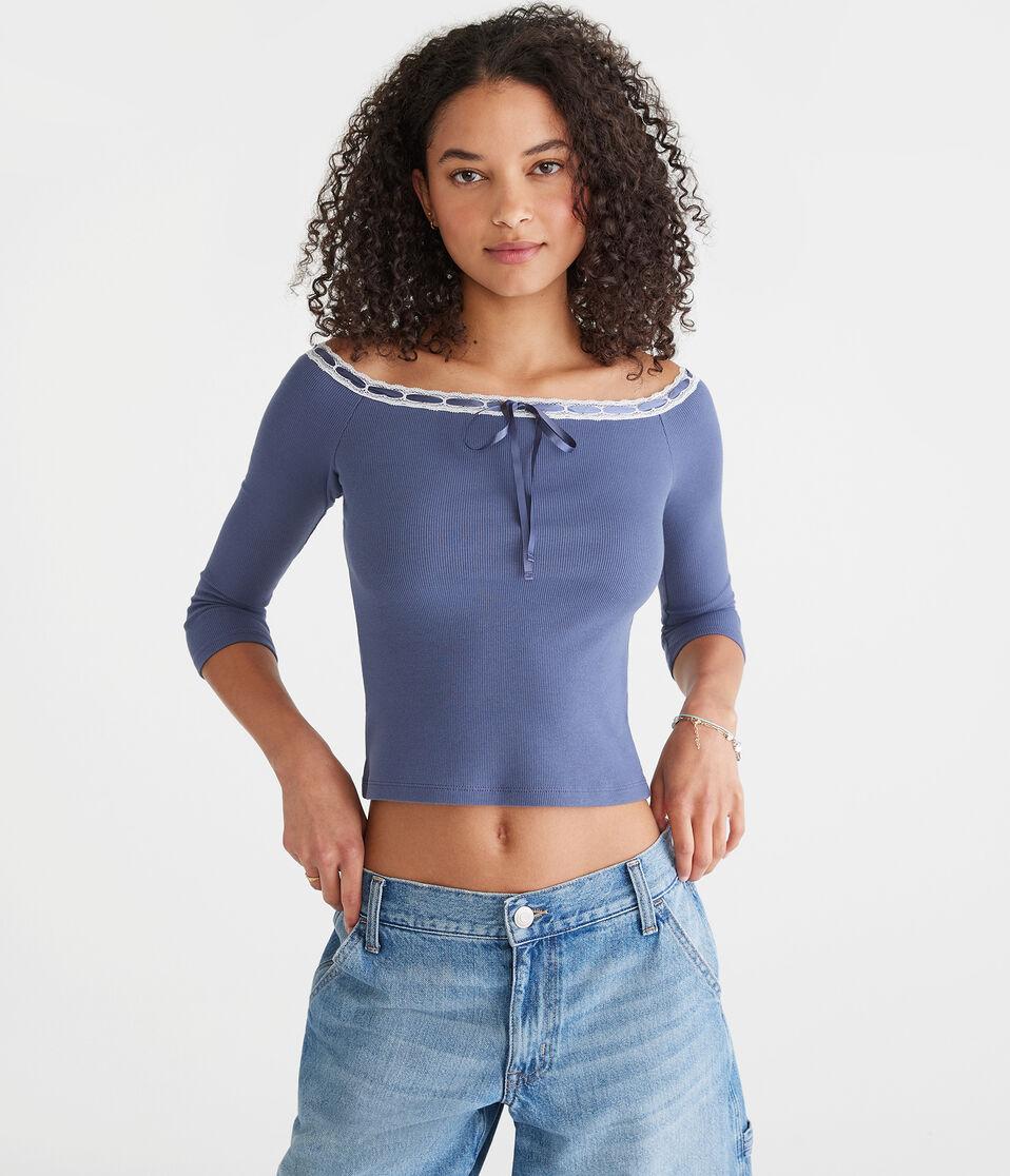 aéropostale 3/4 Sleeve Ribbon Off-The-Shoulder Tee nightshadow blue