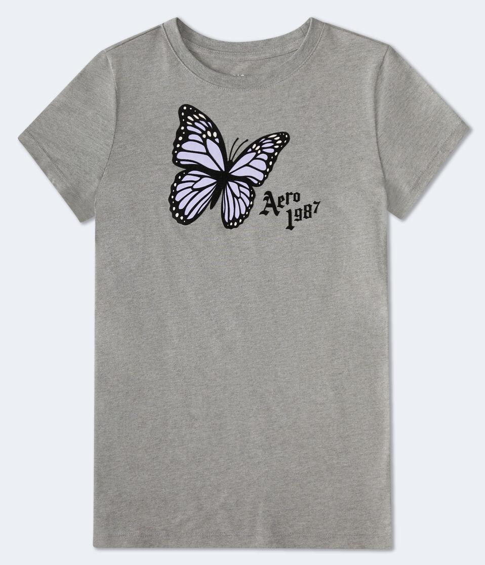 aéropostale Aero 1987 Butterfly Flocked Graphic Tee med hthr grey
