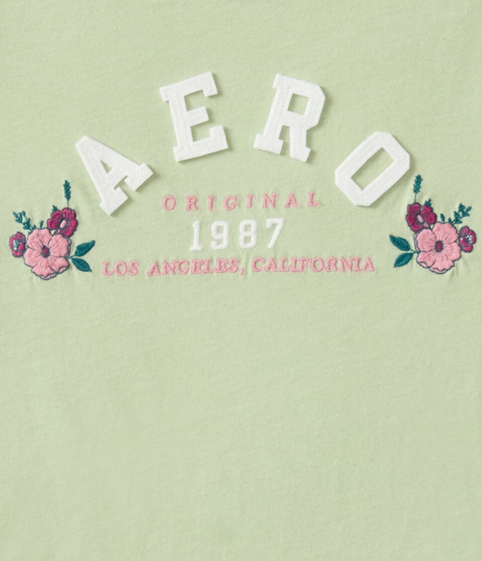 Aéropostale Aero Arch Floral Appliqué Graphic Tee Smoke Green