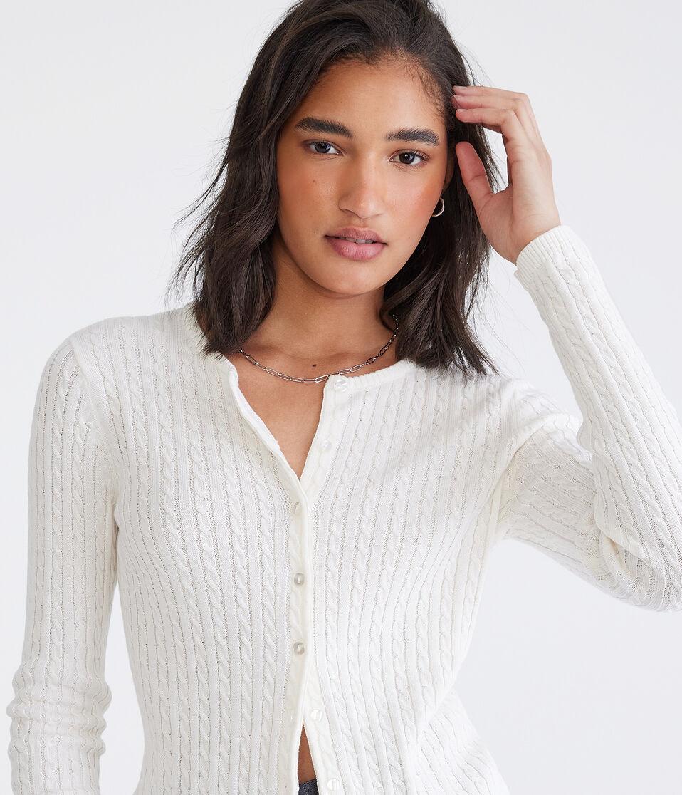 Aéropostale Cable Knit Crew Cardigan Gardenia
