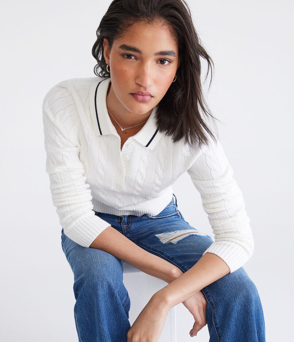 Aéropostale Cable Knit Shrunken Polo Cream