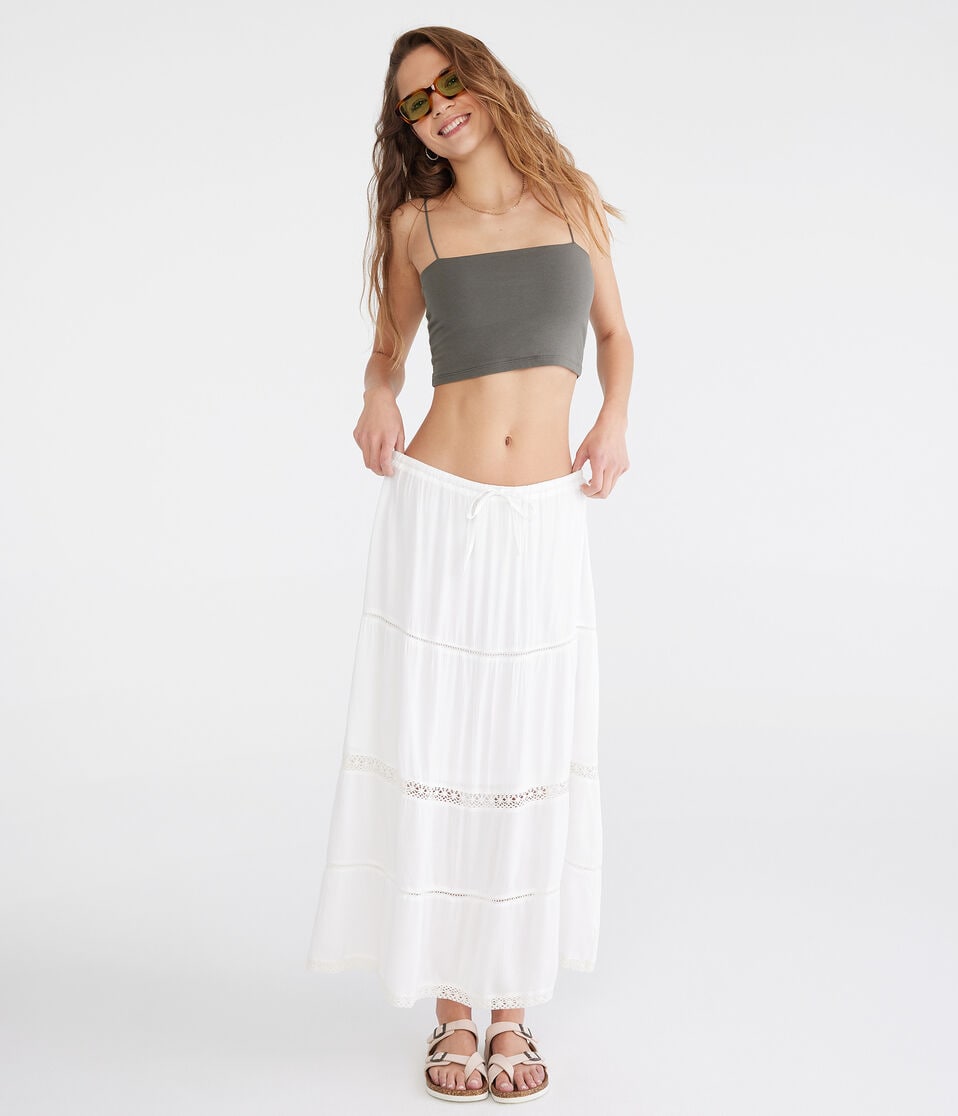 Aéropostale Crinkle Lace-Trim Maxi Skirt Cream