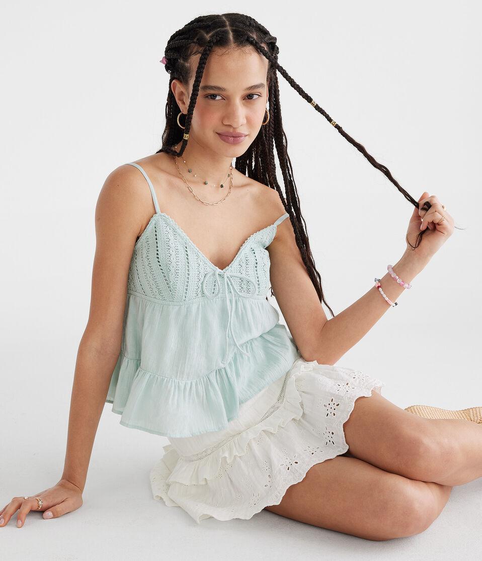 Aéropostale Crocheted Bodice V-Neck Tank Blue Haze