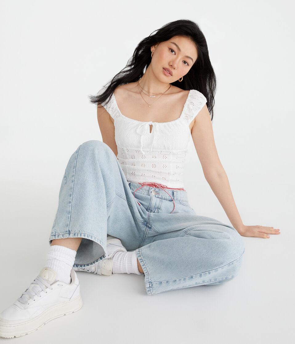 Aéropostale Eyelet Square-Neck Crop Top Cream