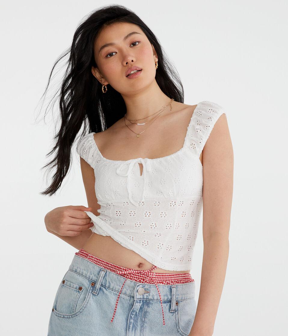 aéropostale Eyelet Square-Neck Crop Top cream