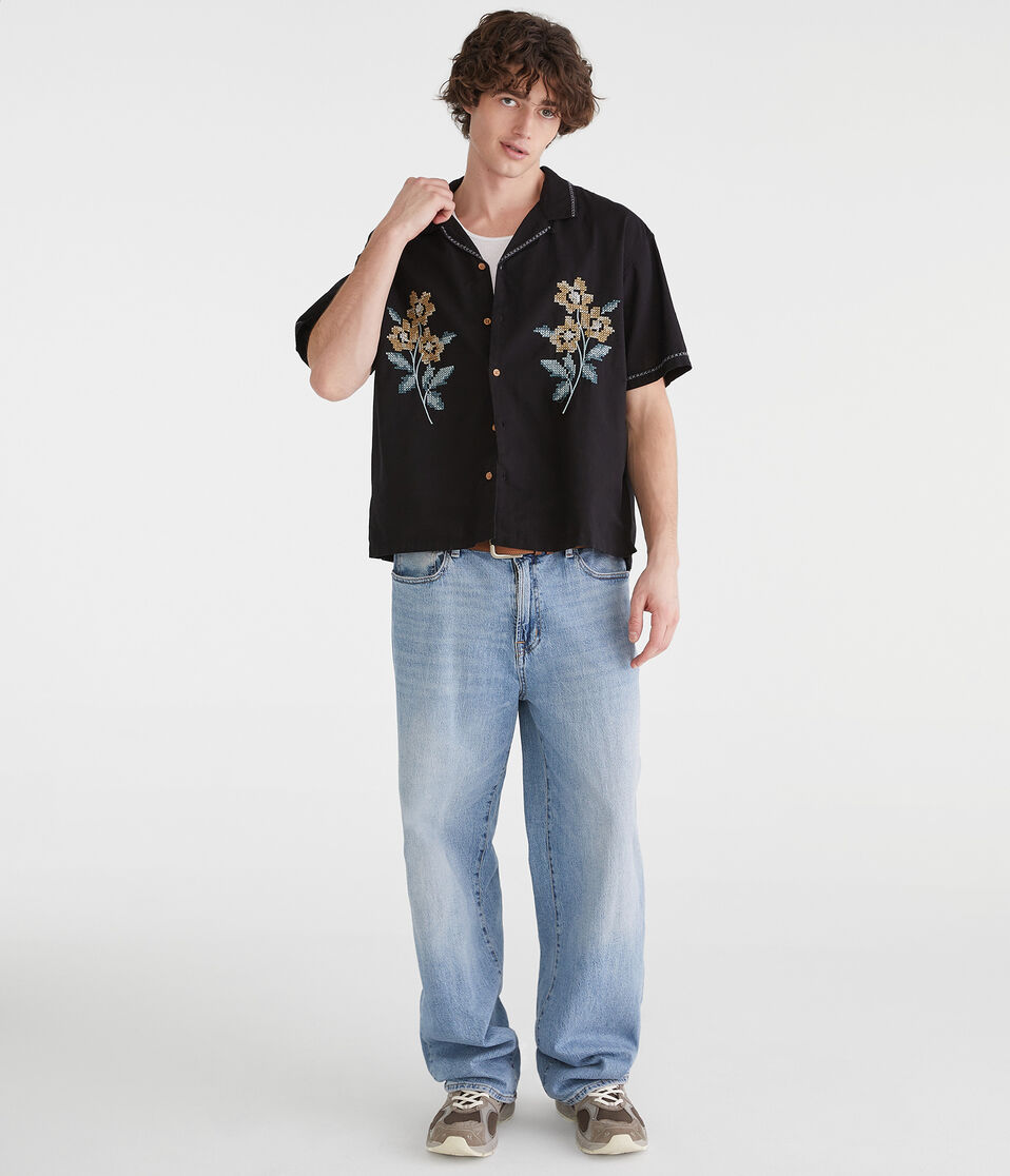 Aéropostale Floral Boxy Linen Camp Shirt Black Fox