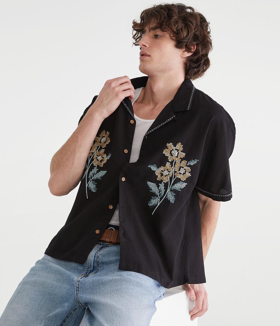 aéropostale Floral Boxy Linen Camp Shirt black fox