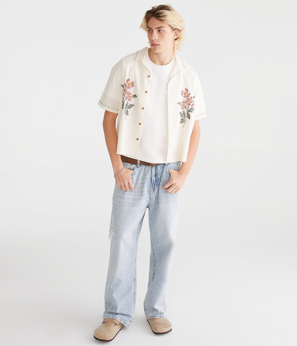 Aéropostale Floral Boxy Linen Camp Shirt Gardenia