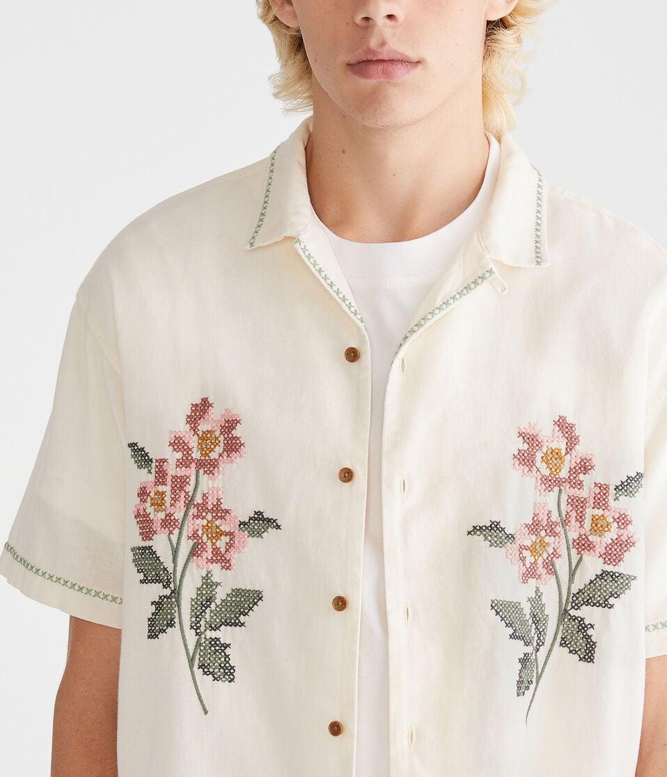 Aéropostale Floral Boxy Linen Camp Shirt Gardenia