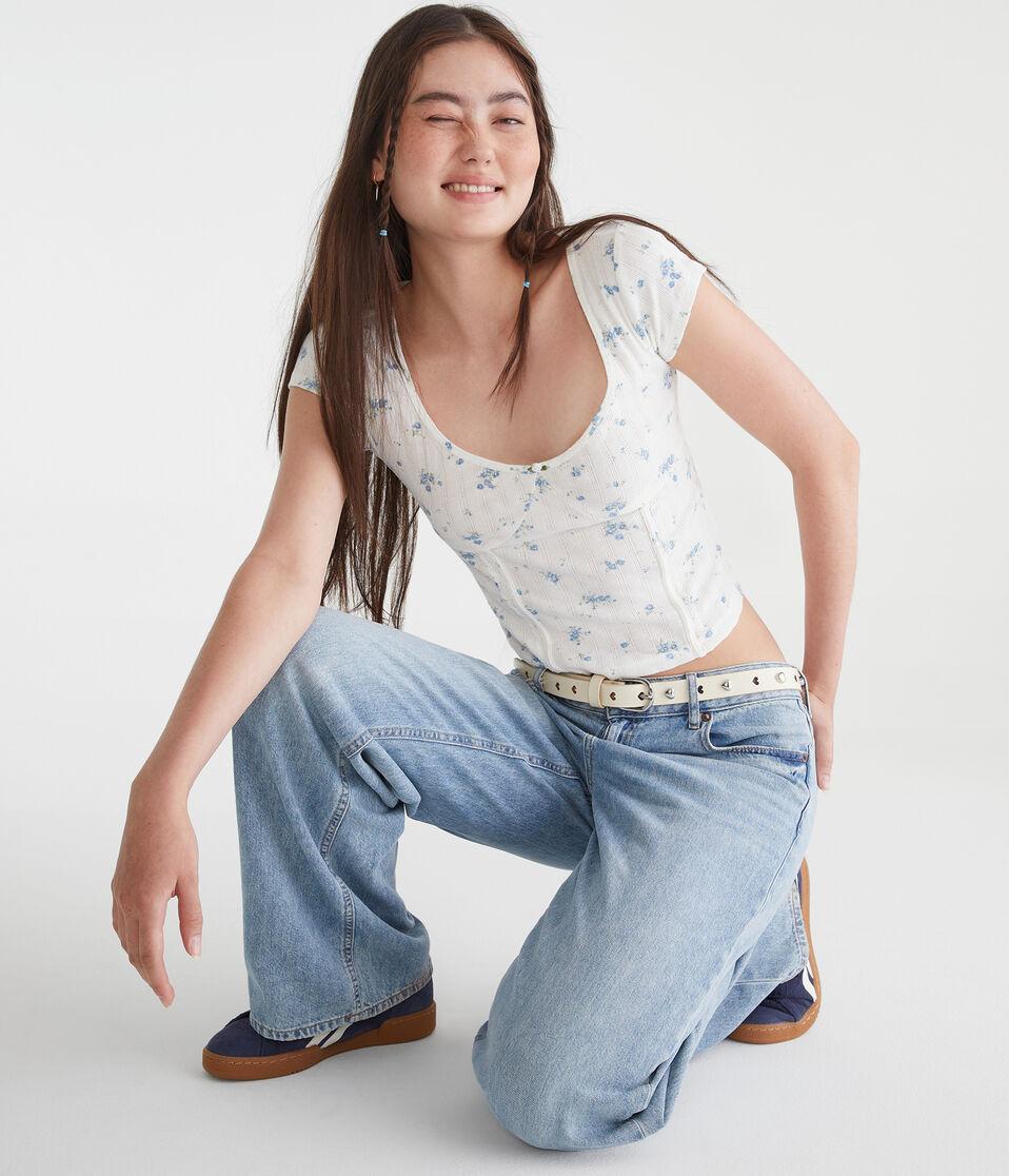 Aéropostale Floral Pointelle Scoop-Neck Top Cream