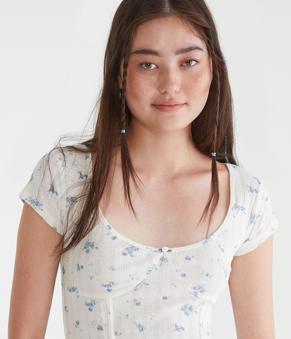Aéropostale Floral Pointelle Scoop-Neck Top Cream