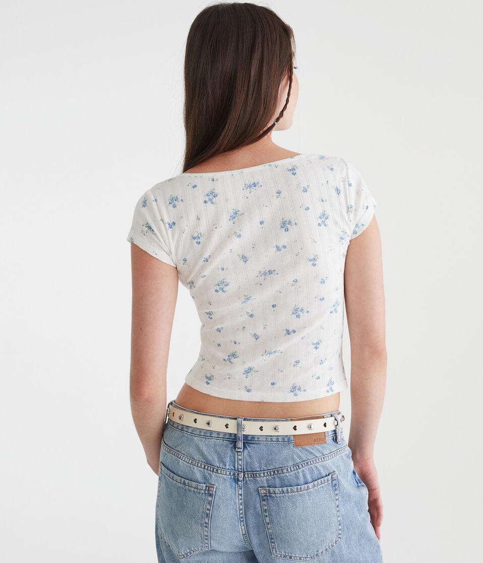 Aéropostale Floral Pointelle Scoop-Neck Top Cream