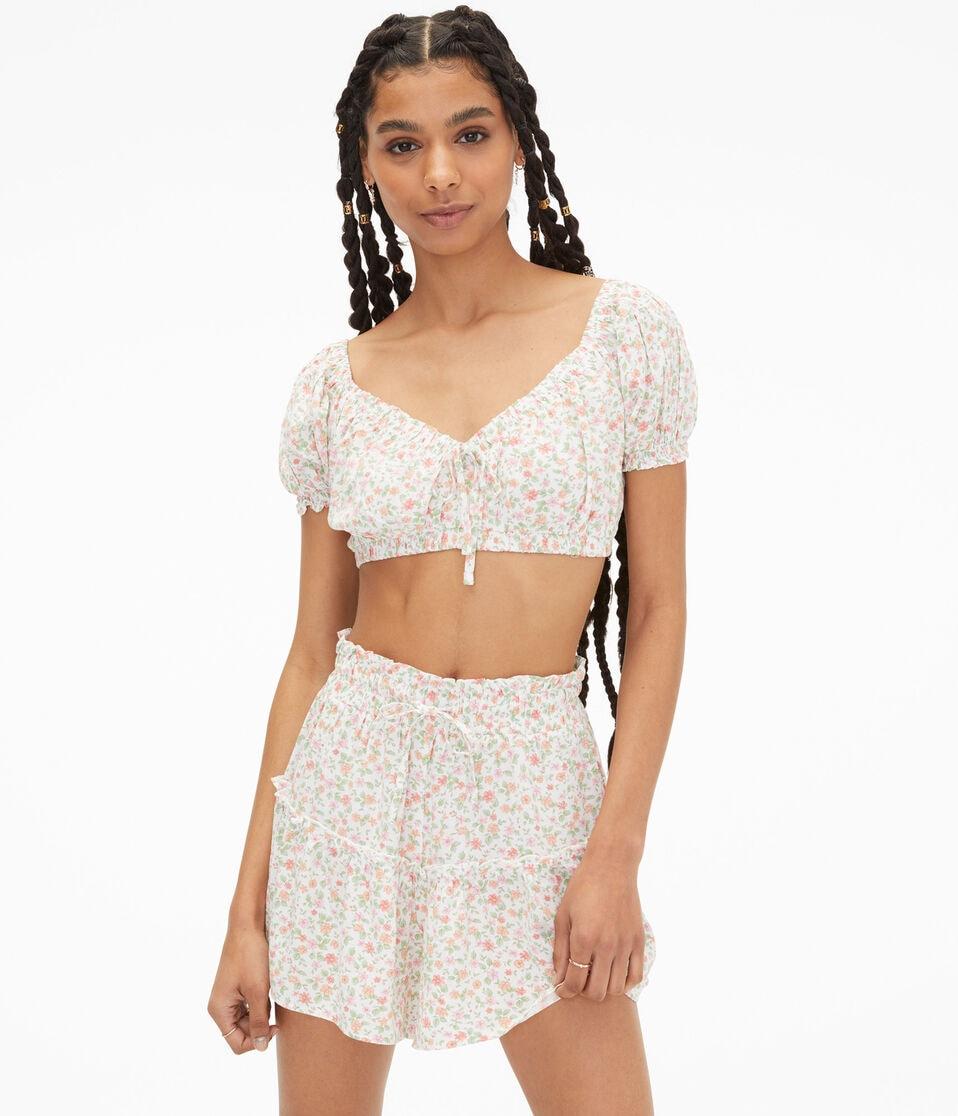 aéropostale Floral Puff Sleeve Crop Top cream