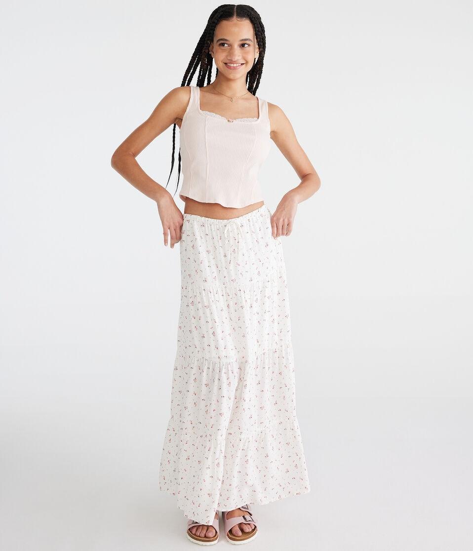 Aéropostale Floral Tiered Maxi Skirt Cream