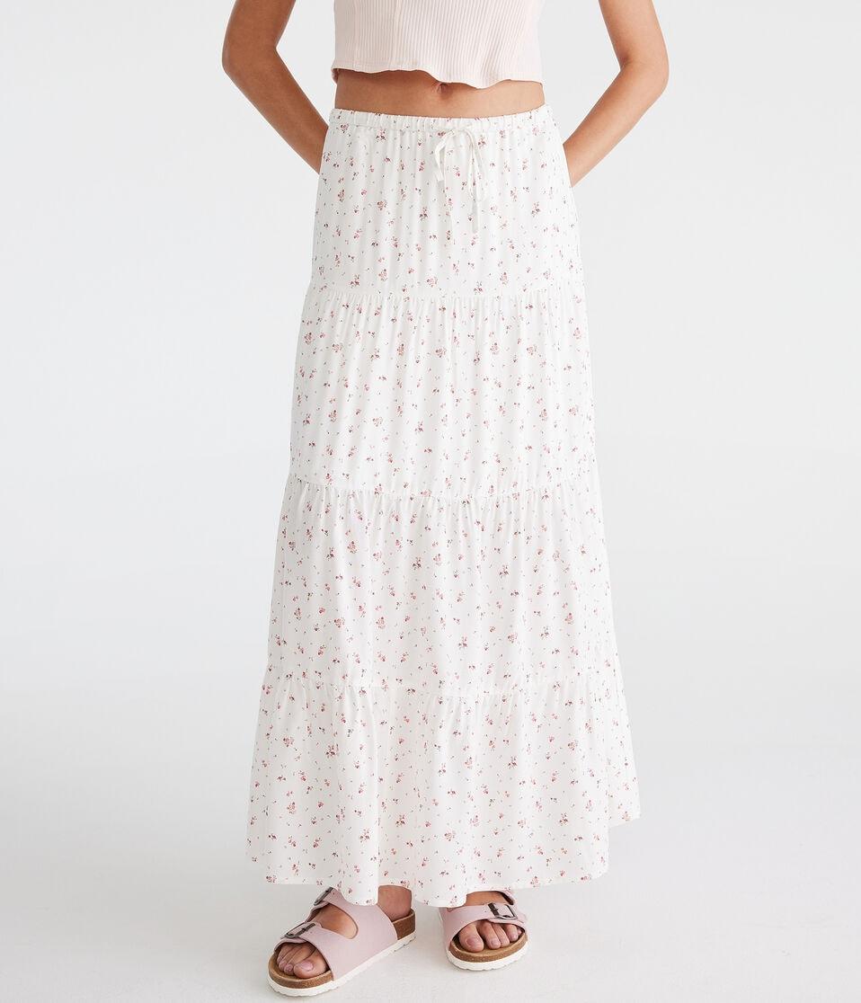 aéropostale Floral Tiered Maxi Skirt cream