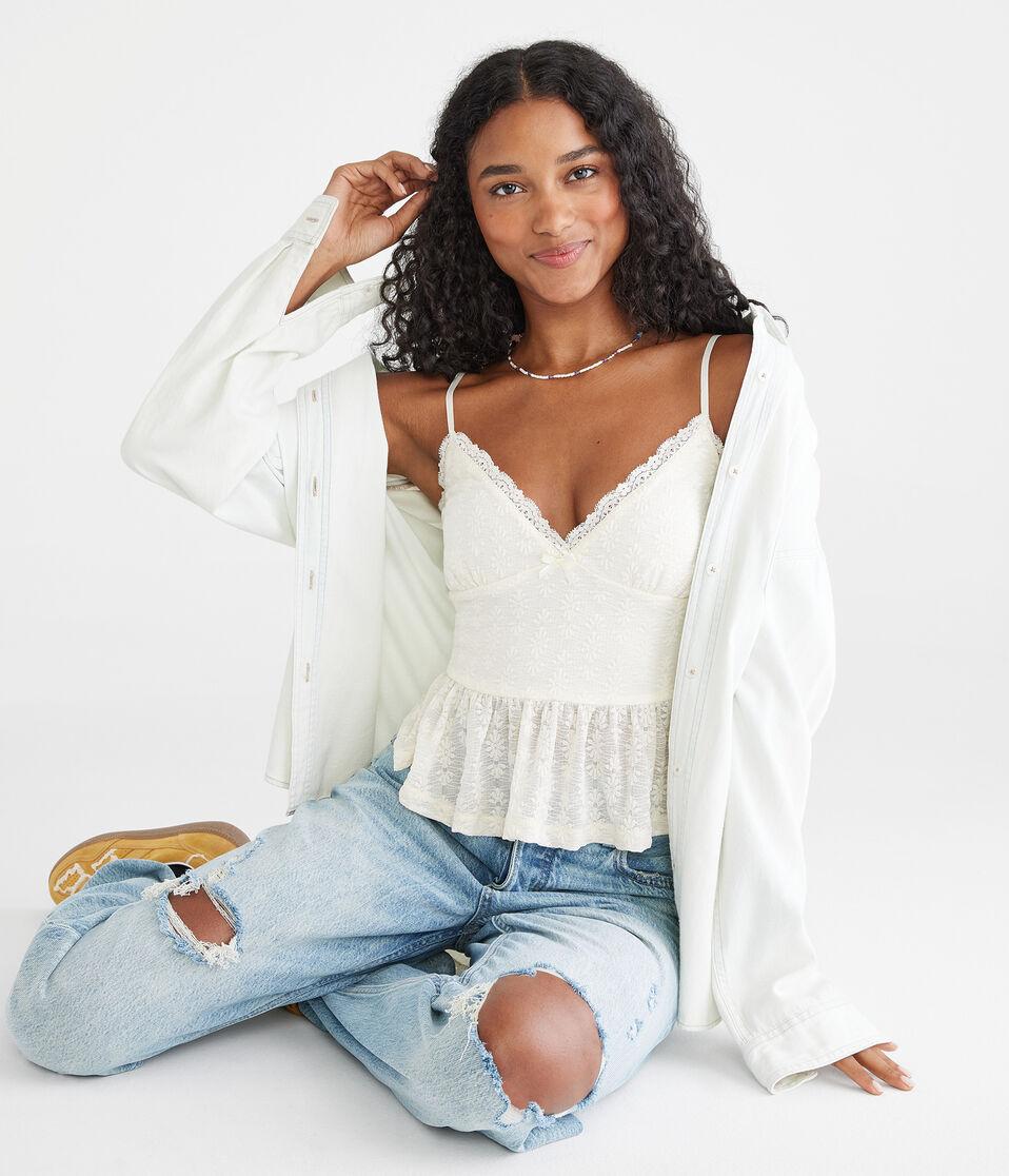 Aéropostale Floral V-Neck Peplum Cami Cream