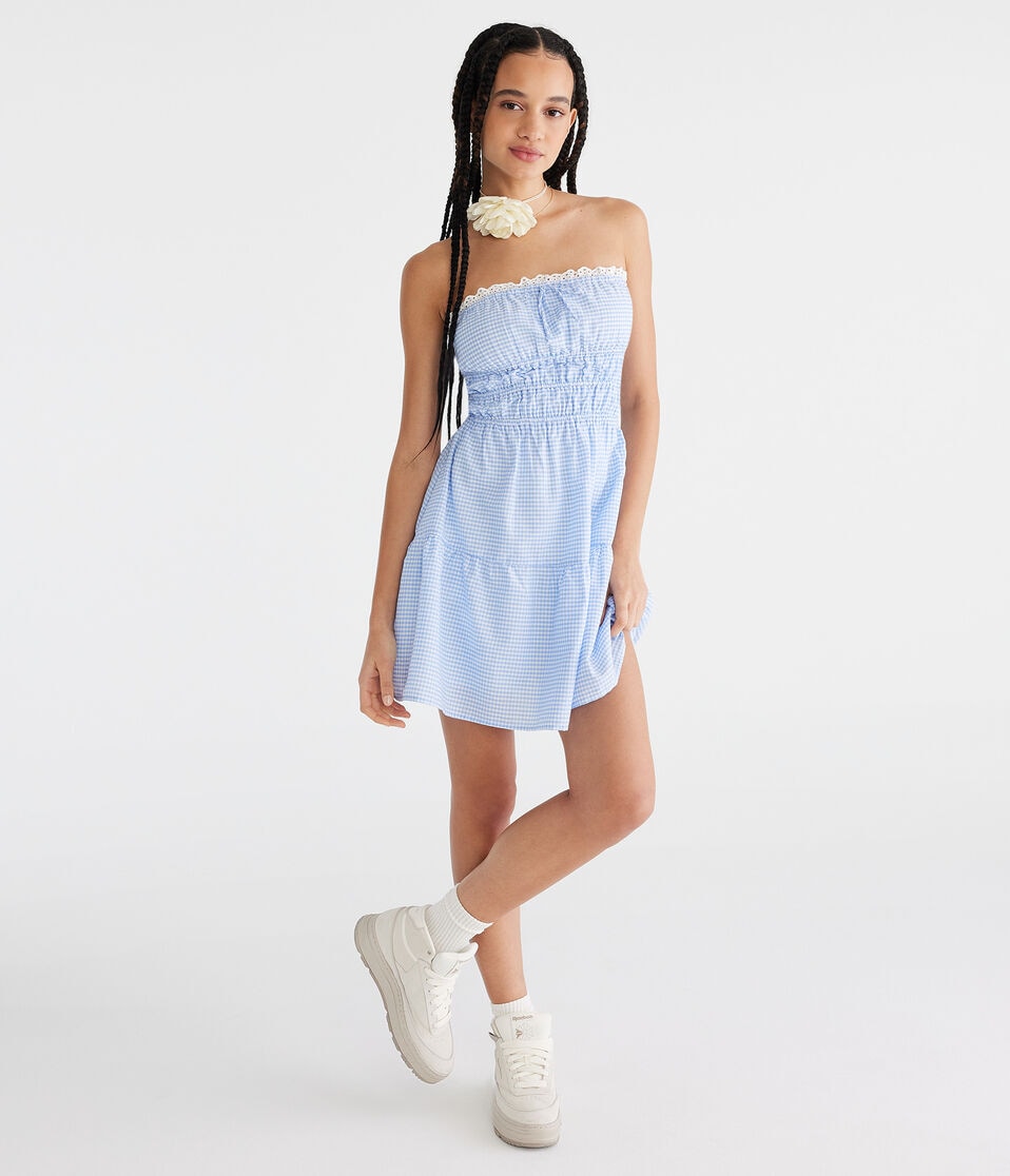 Aéropostale Gingham Strapless Fit & Flare Dress Blue