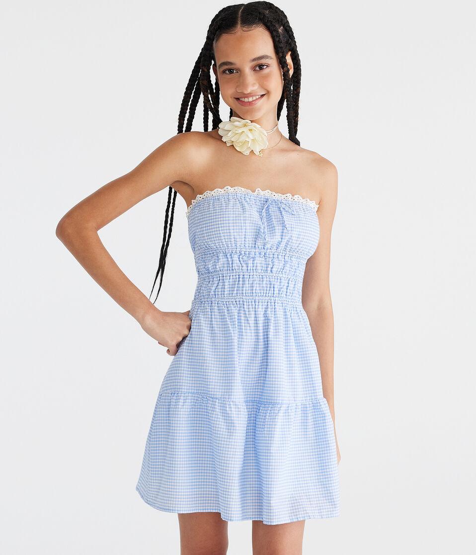 aéropostale Gingham Strapless Fit & Flare Dress blue
