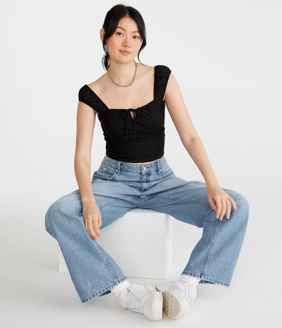 Aéropostale Lace Square-Neck Crop Top Black Fox