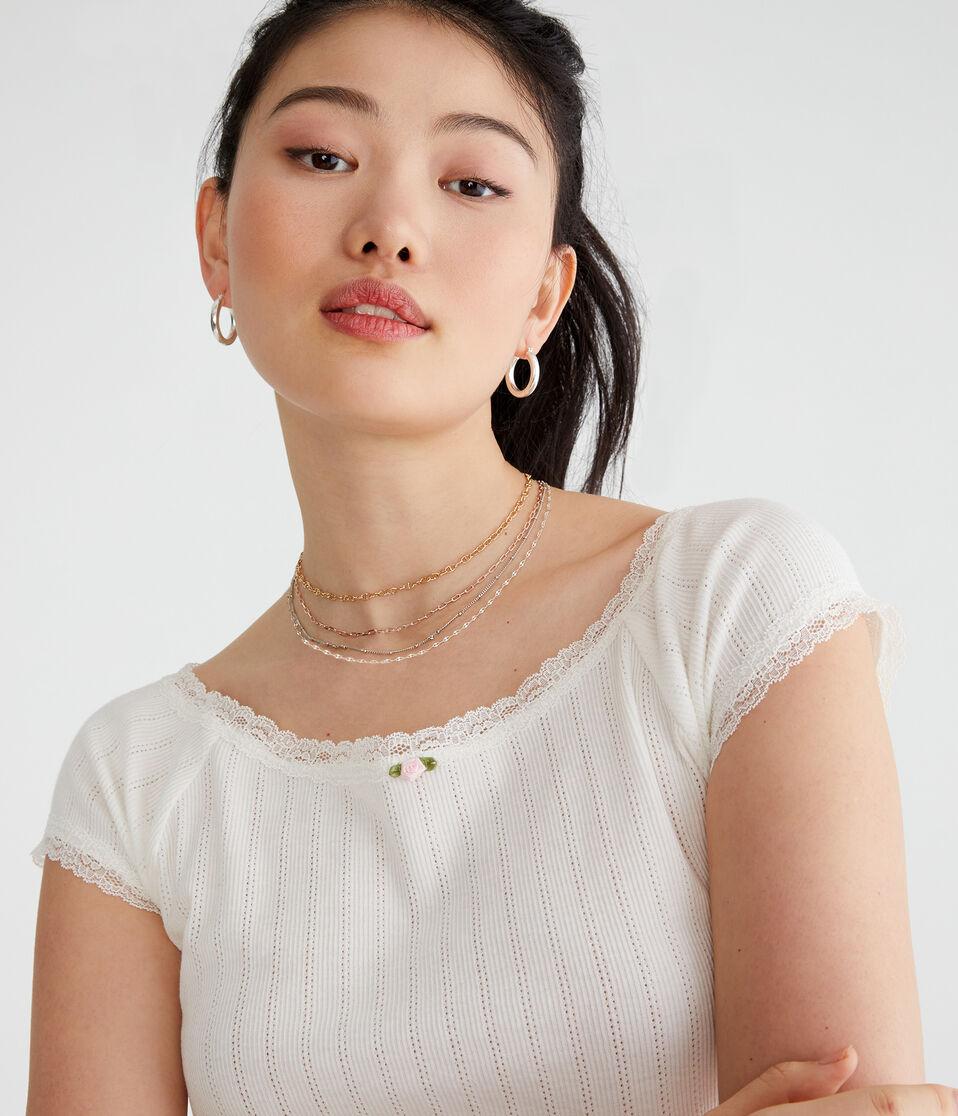 Aéropostale Lace Trim Boat-Neck Shrunken Tee Cream