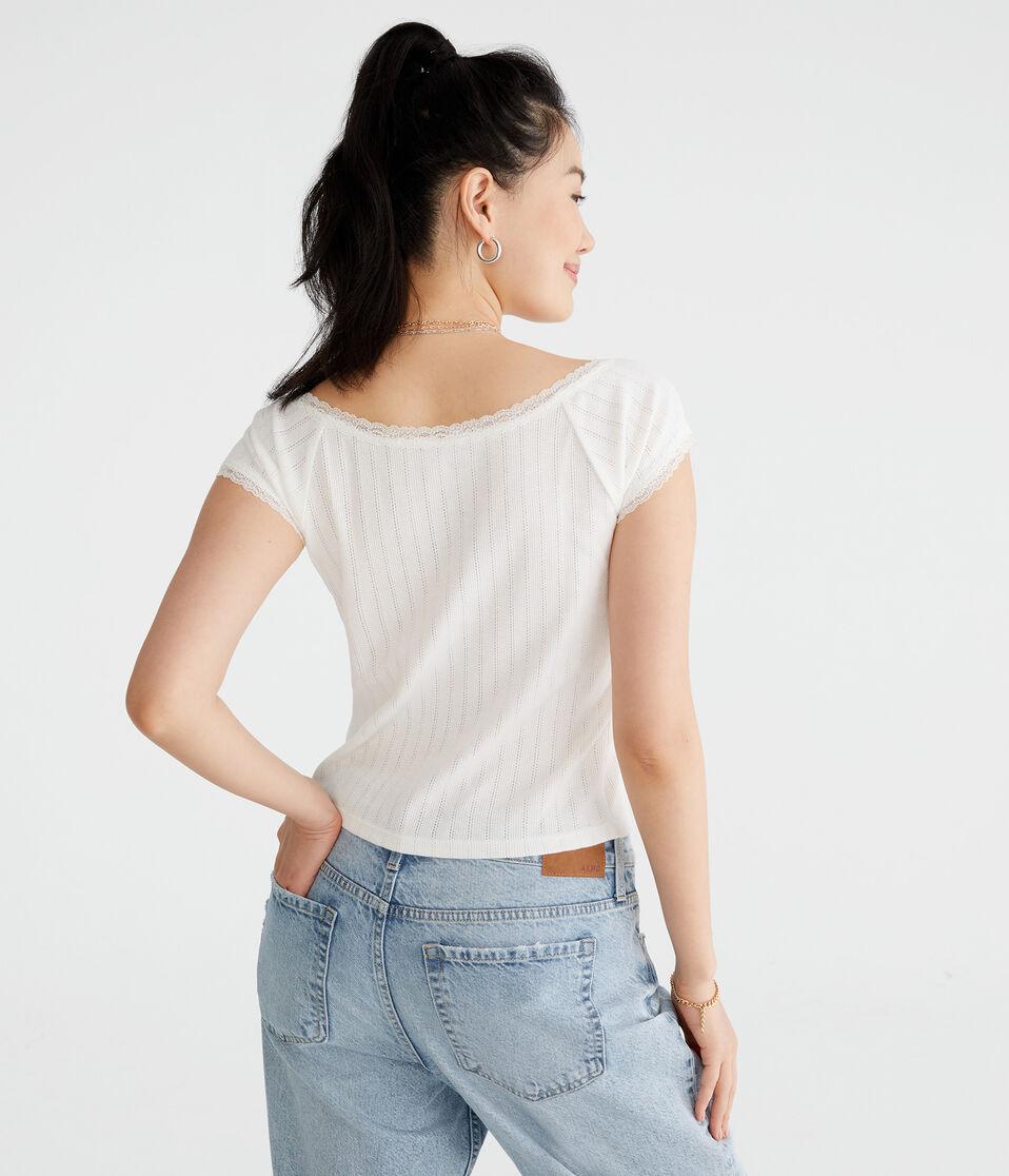 Aéropostale Lace Trim Boat-Neck Shrunken Tee Cream