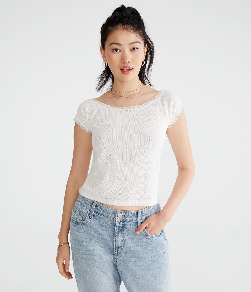aéropostale Lace Trim Boat-Neck Shrunken Tee cream