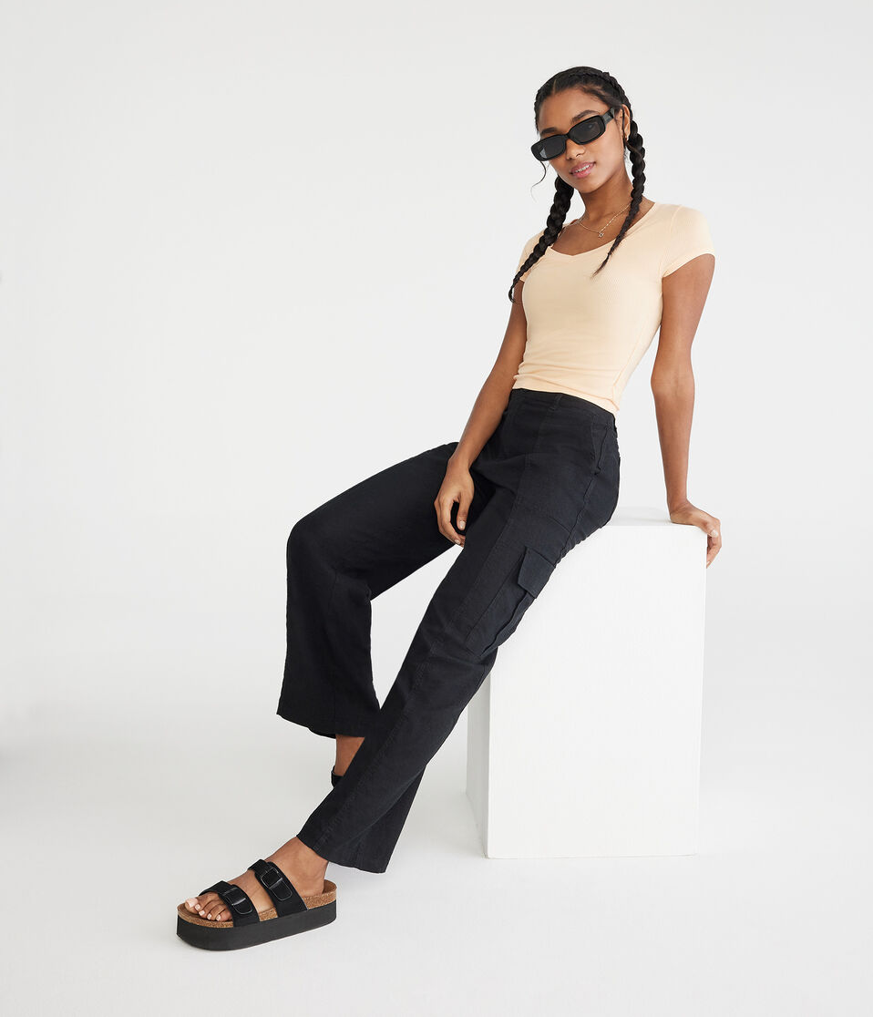 Aéropostale Linen Wide Leg Cargo Pants Black Fox