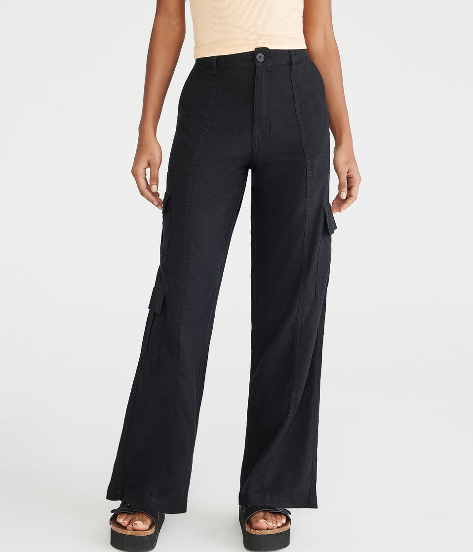 aéropostale Linen Wide Leg Cargo Pants black fox