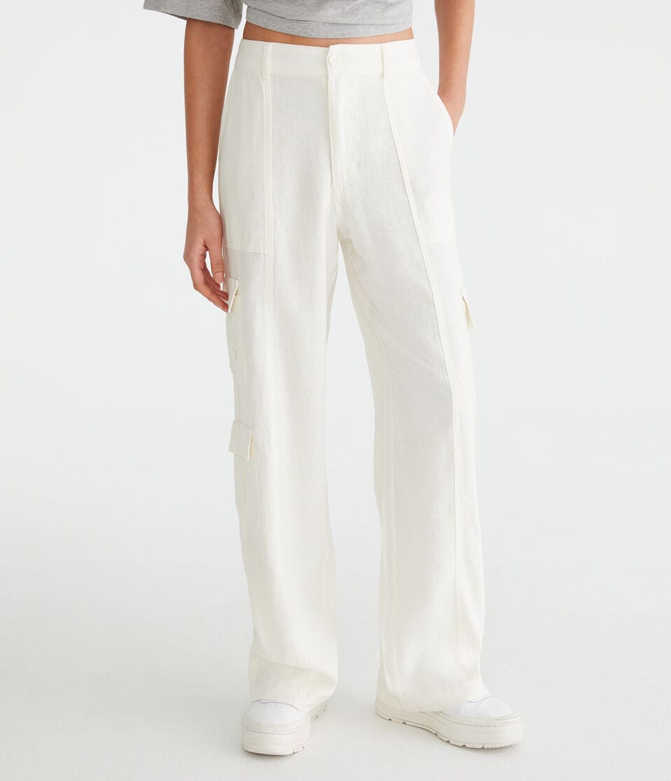aéropostale Linen Wide Leg Cargo Pants cream