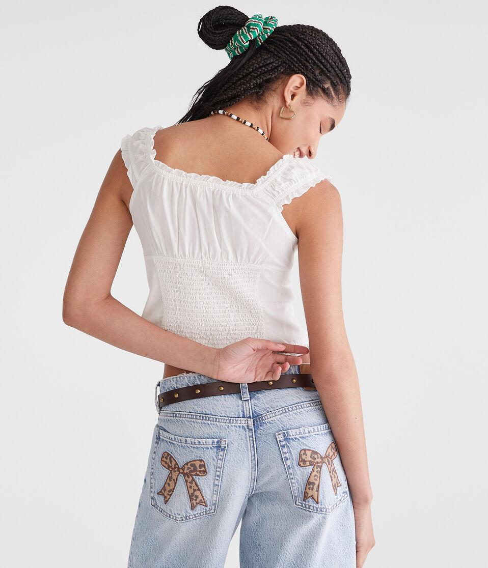 Aéropostale Pleated V-Neck Peasant Top Cream