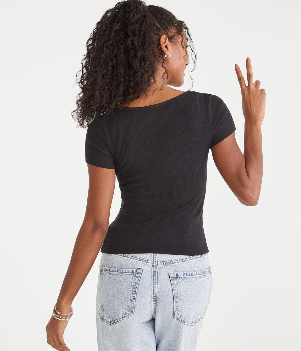 Aéropostale Pointelle Cinch V-Neck Top Black Fox