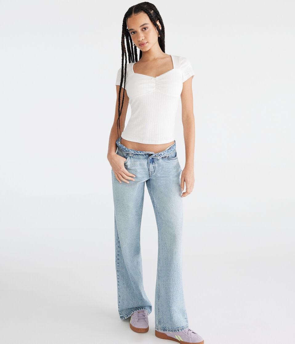 Aéropostale Pointelle Cinch V-Neck Top Cream