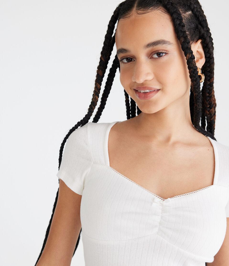 Aéropostale Pointelle Cinch V-Neck Top Cream