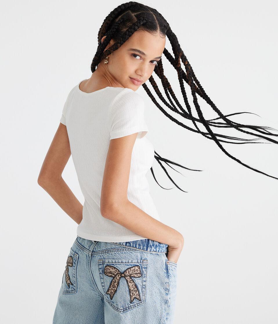 Aéropostale Pointelle Cinch V-Neck Top Cream