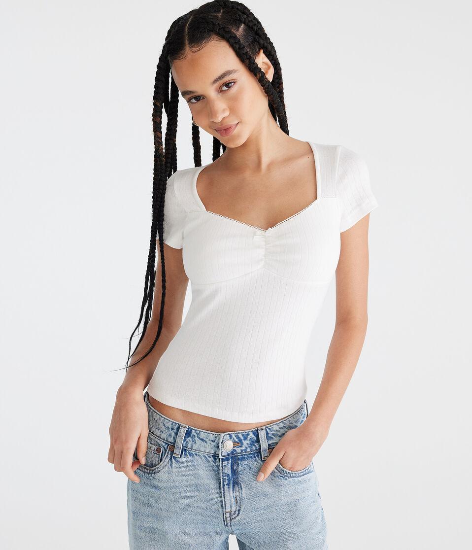aéropostale Pointelle Cinch V-Neck Top cream