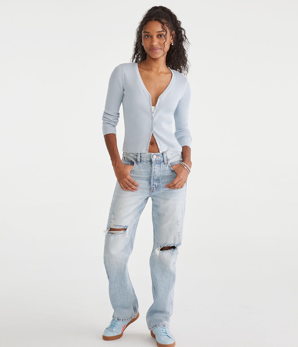 Aéropostale Ribbed V-Neck Cardigan Pearl Blue