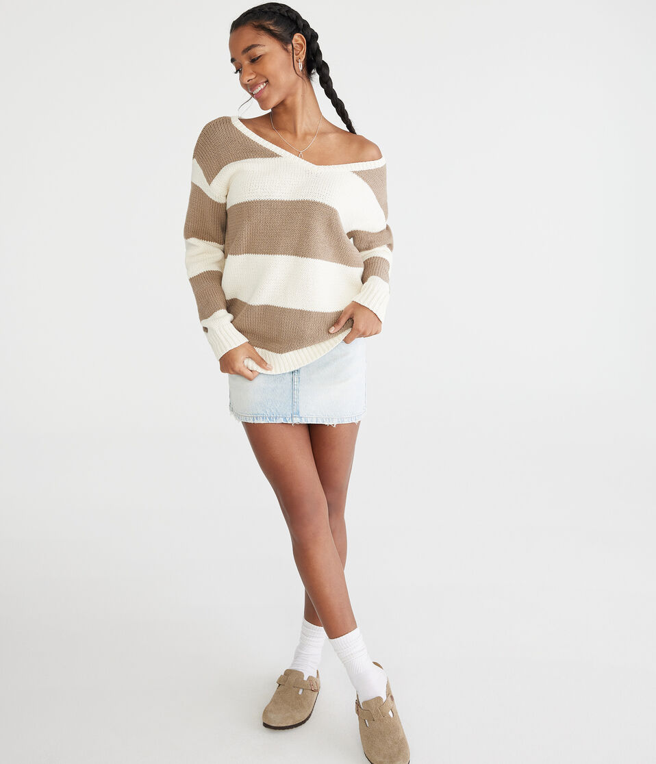 Aéropostale Rugby Stripe V-Neck Sweater Duster