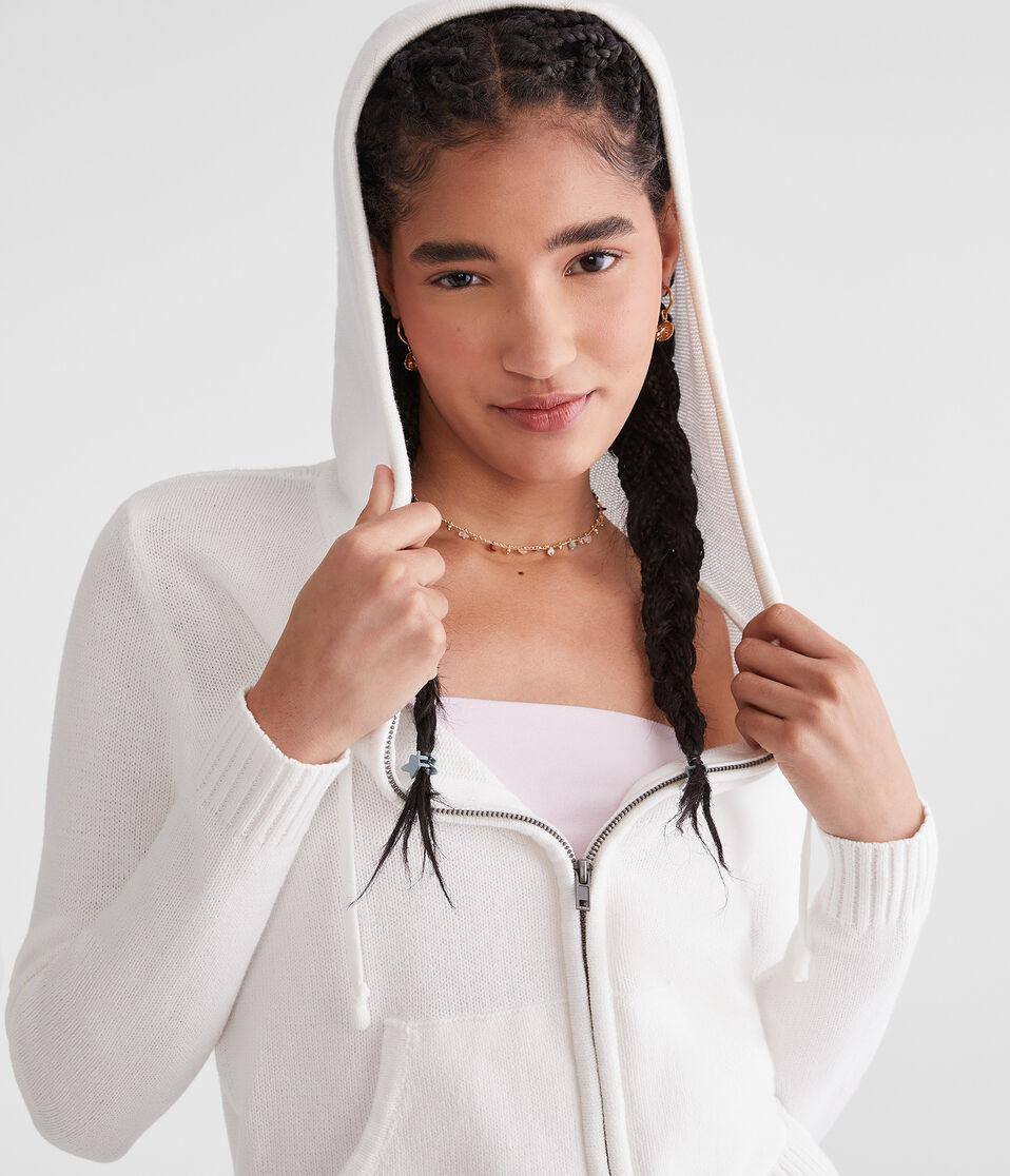 Aéropostale Solid Full-Zip Hooded Sweater Gardenia
