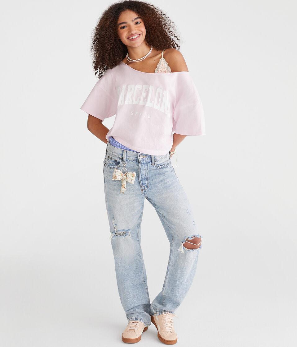 Aéropostale Barcelona Off-The-Shoulder Cropped Boyfriend Graphic Tee Purple Haze