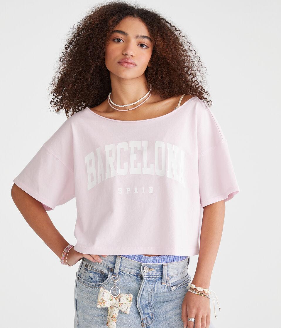 aéropostale Barcelona Off-The-Shoulder Cropped Boyfriend Graphic Tee purple haze