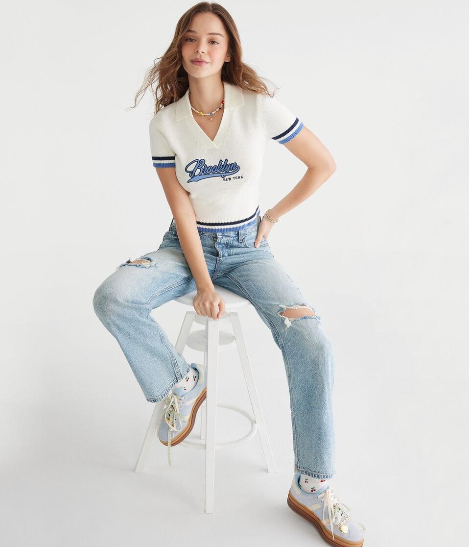 Aéropostale Brooklyn Cropped Graphic Sweater Polo Nude