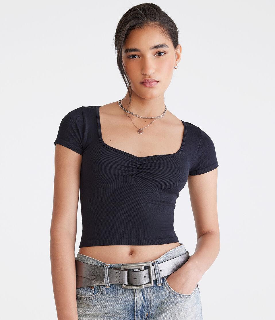 Aéropostale Buttery Soft Cropped Cinch-Front Tee Black Fox